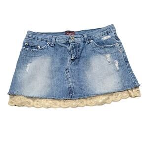 Angel Kiss Light Wash Blue Denim Jean Lace Lined Skirt w. Pockets 100% Cotton